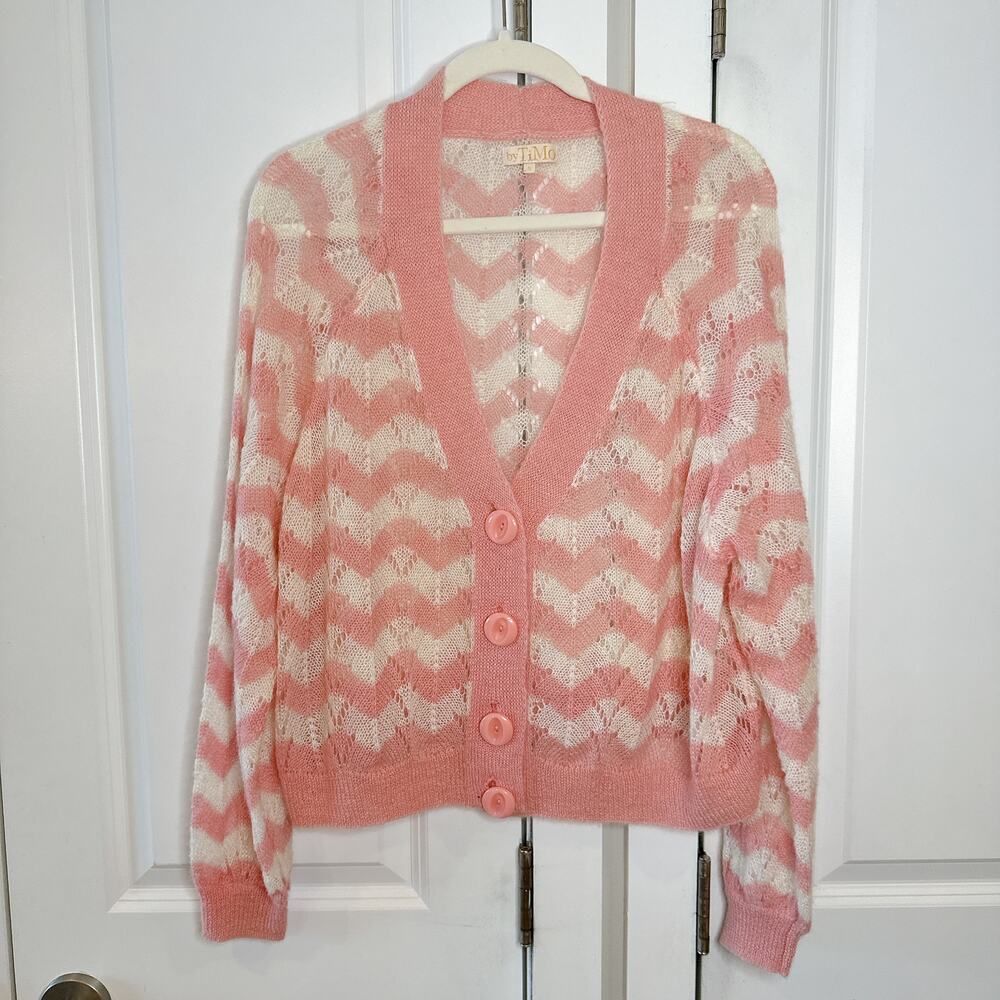 BYTIMO Wool Mohair Knit Pink Chevron Striped Button Down Cardigan | Small - Picture 3 of 10
